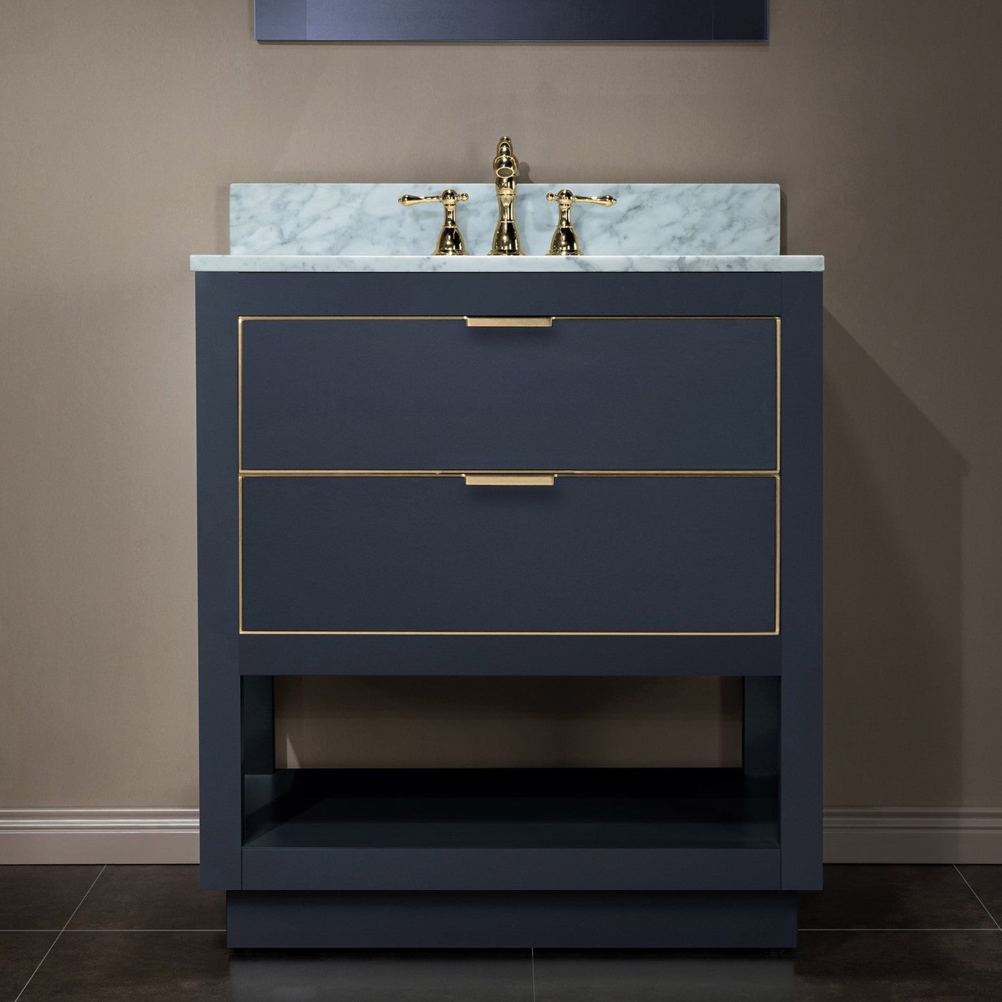 Woodbridge Venice 31" Gray and Gold Trim Solid Wood Vanity Base and Carrara Marble Vanity Top With 3 Pre-drilled Holes for 8" Widespread Faucet