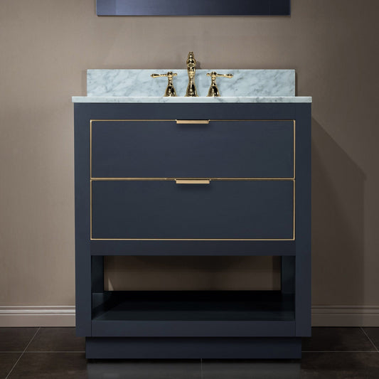 Woodbridge Venice 31" Gray and Gold Trim Solid Wood Vanity Base and Carrara Marble Vanity Top With 3 Pre-drilled Holes for 8" Widespread Faucet