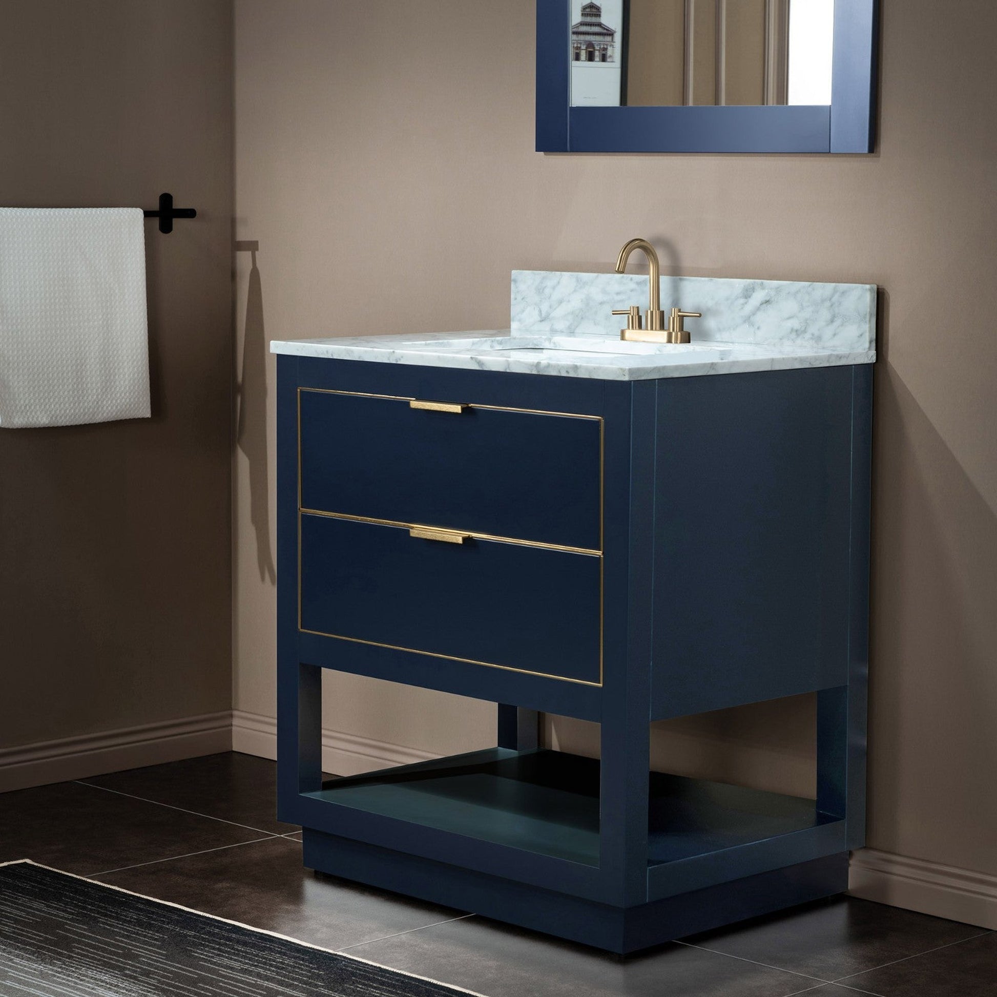 Woodbridge Venice 31" Navy Blue and Gold Trim Solid Wood Vanity Base and Carrara Marble Top With 3 Pre-Drilled Holes for 4" Centerset Faucet