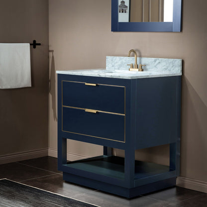 Woodbridge Venice 31" Navy Blue and Gold Trim Solid Wood Vanity Base and Carrara Marble Top With 3 Pre-Drilled Holes for 4" Centerset Faucet