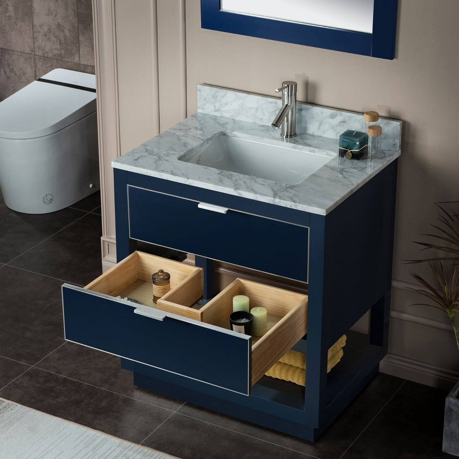 Woodbridge Venice 31" Navy Blue and Gold Trim Solid Wood Vanity Base and Carrara Marble Top With 3 Pre-Drilled Holes for 4" Centerset Faucet