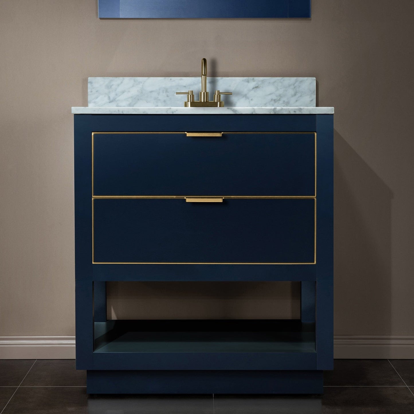 Woodbridge Venice 31" Navy Blue and Gold Trim Solid Wood Vanity Base and Carrara Marble Top With 3 Pre-Drilled Holes for 4" Centerset Faucet