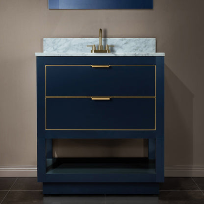 Woodbridge Venice 31" Navy Blue and Gold Trim Solid Wood Vanity Base and Carrara Marble Top With 3 Pre-Drilled Holes for 4" Centerset Faucet
