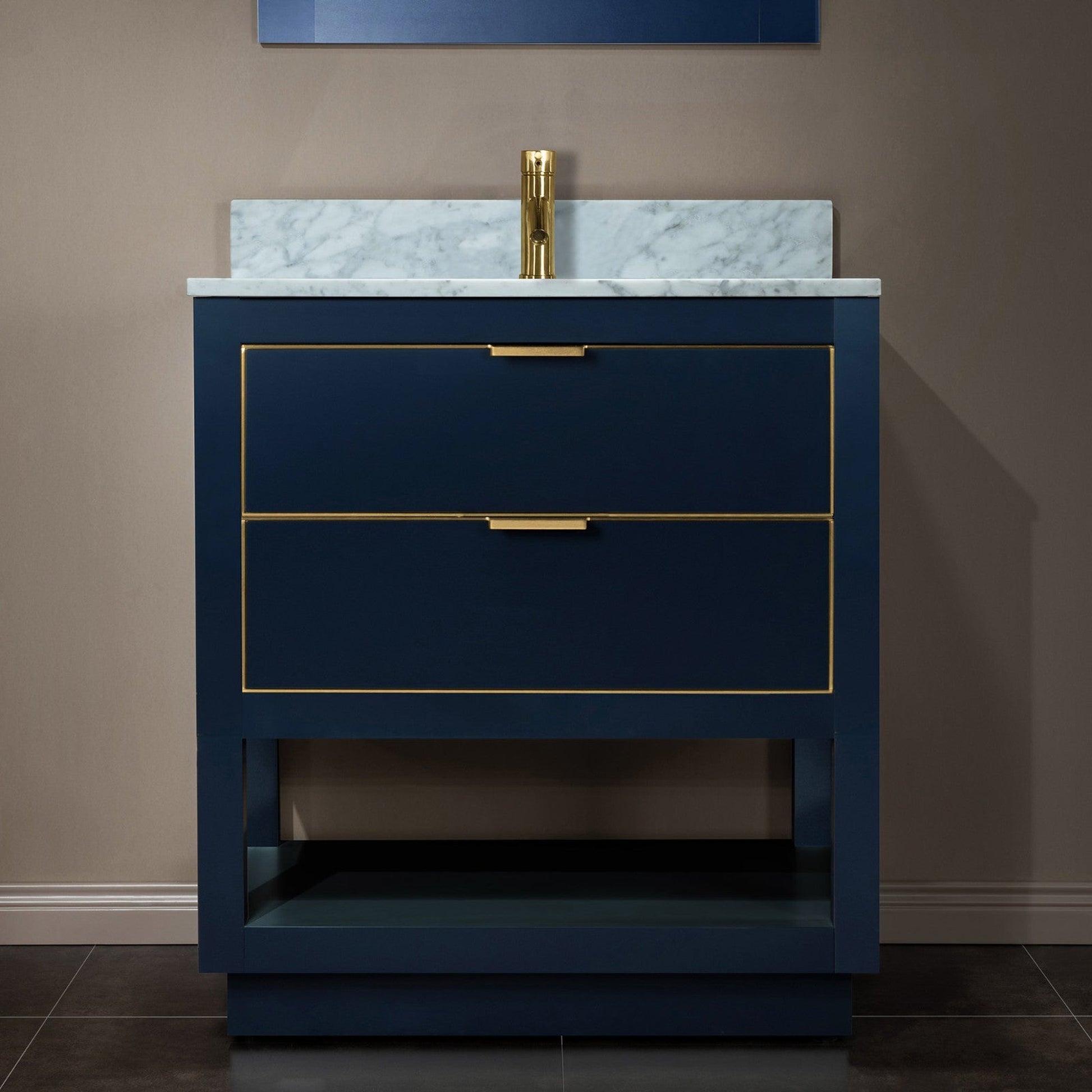Woodbridge Venice 31" Navy Blue and Gold Trim Solid Wood Vanity Base and Carrara Marble Top With Pre-Drilled Single Hole Faucet