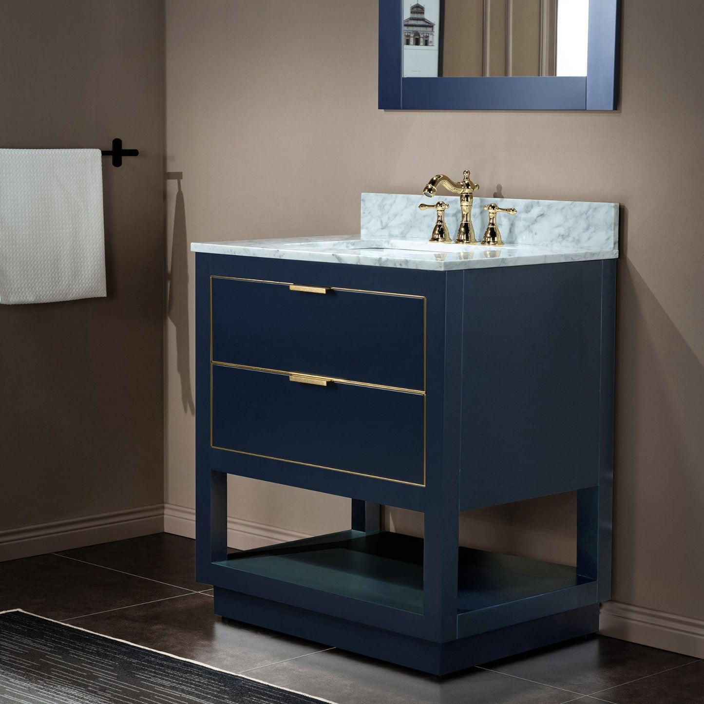 Woodbridge Venice 31" Navy Blue and Gold Trim Solid Wood Vanity Base and Carrara Marble Vanity Top With 3 Pre-drilled Holes for 8" Widespread Faucet