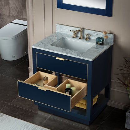Woodbridge Venice 31" Navy Blue and Gold Trim Solid Wood Vanity Base and Carrara Marble Vanity Top With 3 Pre-drilled Holes for 8" Widespread Faucet