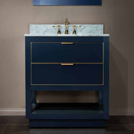 Woodbridge Venice 31" Navy Blue and Gold Trim Solid Wood Vanity Base and Carrara Marble Vanity Top With 3 Pre-drilled Holes for 8" Widespread Faucet