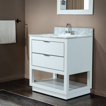 Woodbridge Venice 31" White and Brushed Nickel Trim Solid Wood Vanity Base and Carrara Marble Top With 3 Pre-Drilled Holes for 4" Centerset Faucet