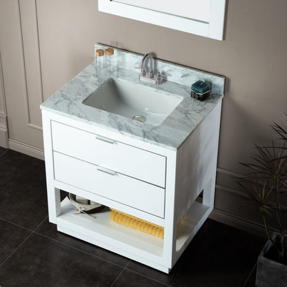 Woodbridge Venice 31" White and Brushed Nickel Trim Solid Wood Vanity Base and Carrara Marble Top With 3 Pre-Drilled Holes for 4" Centerset Faucet