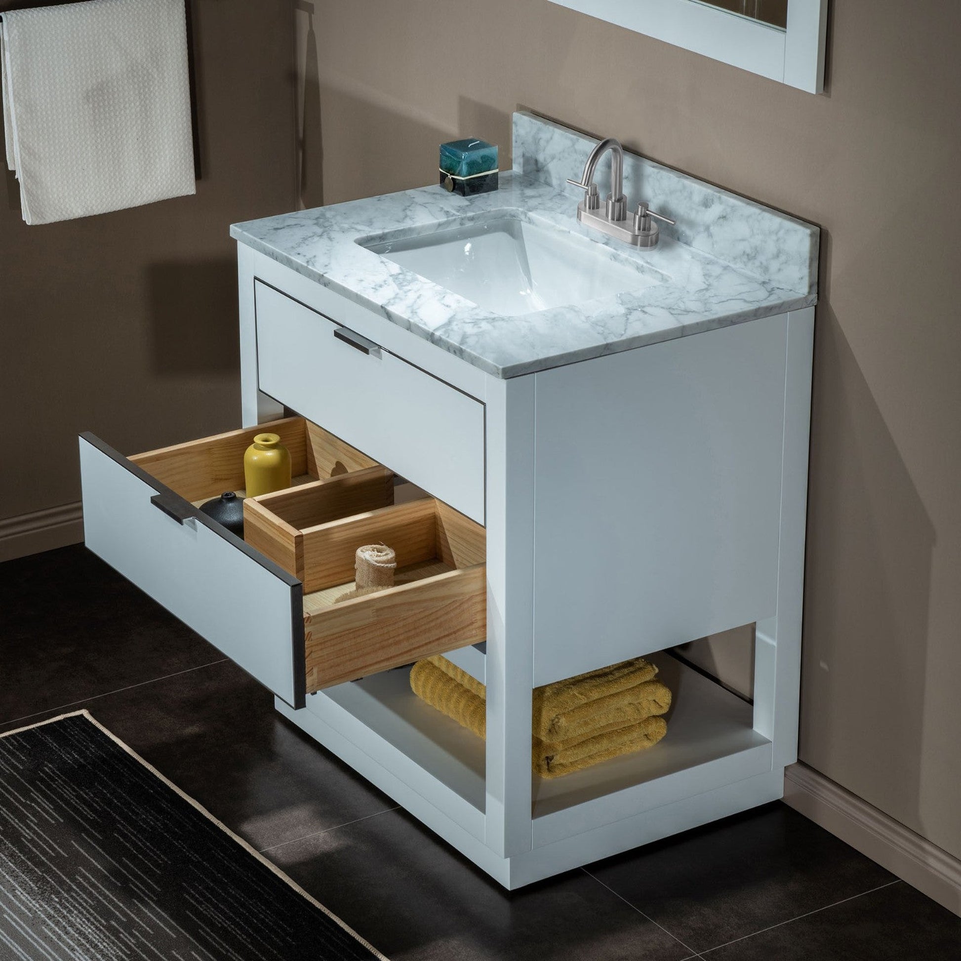 Woodbridge Venice 31" White and Brushed Nickel Trim Solid Wood Vanity Base and Carrara Marble Top With 3 Pre-Drilled Holes for 4" Centerset Faucet