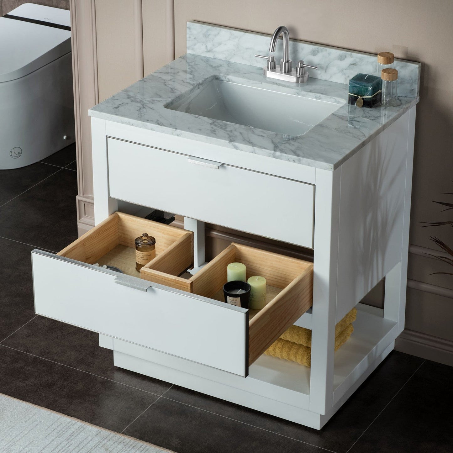 Woodbridge Venice 31" White and Brushed Nickel Trim Solid Wood Vanity Base and Carrara Marble Top With 3 Pre-Drilled Holes for 4" Centerset Faucet