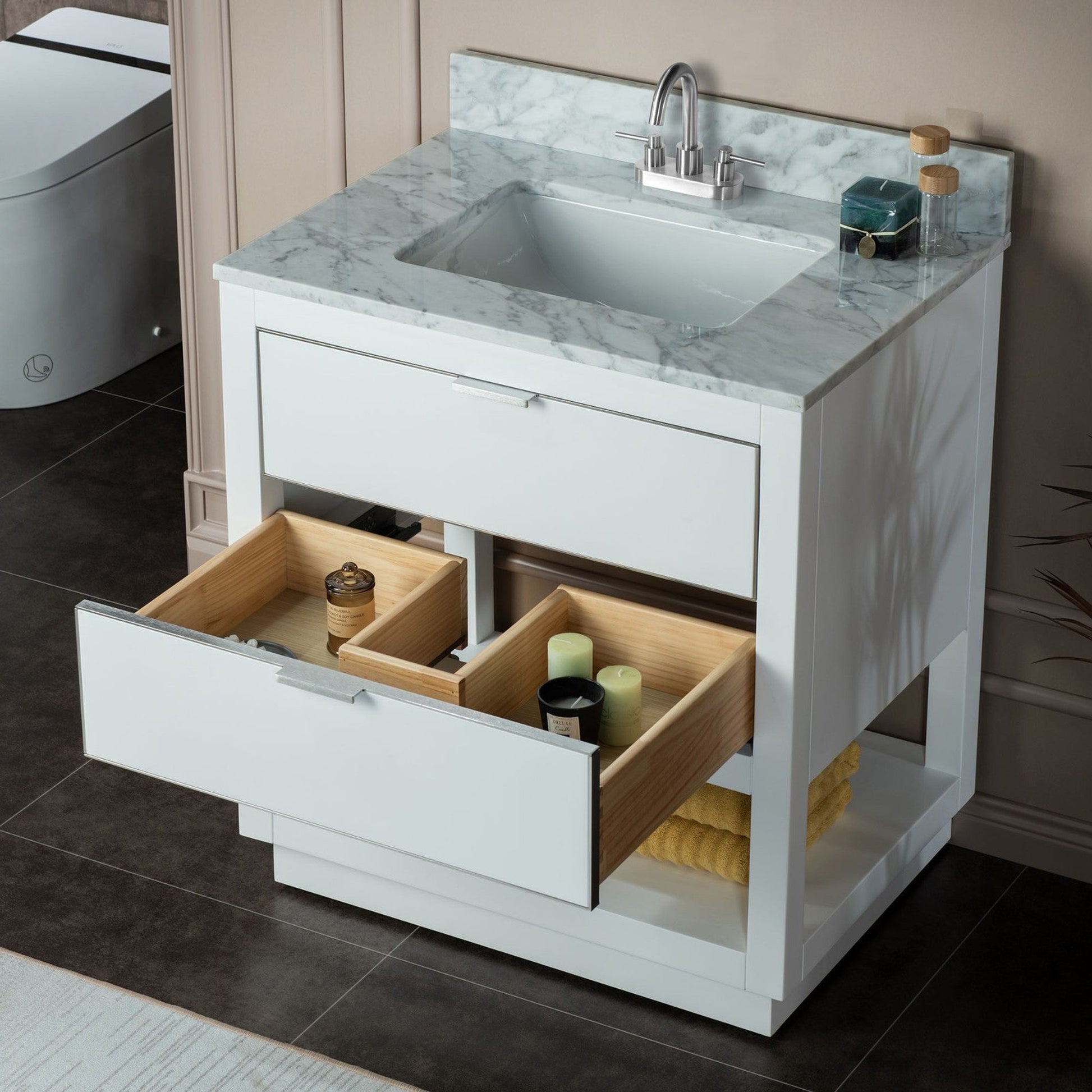 Woodbridge Venice 31" White and Brushed Nickel Trim Solid Wood Vanity Base and Carrara Marble Top With 3 Pre-Drilled Holes for 4" Centerset Faucet
