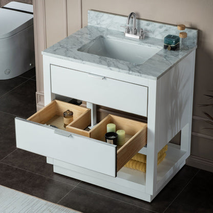 Woodbridge Venice 31" White and Brushed Nickel Trim Solid Wood Vanity Base and Carrara Marble Top With 3 Pre-Drilled Holes for 4" Centerset Faucet