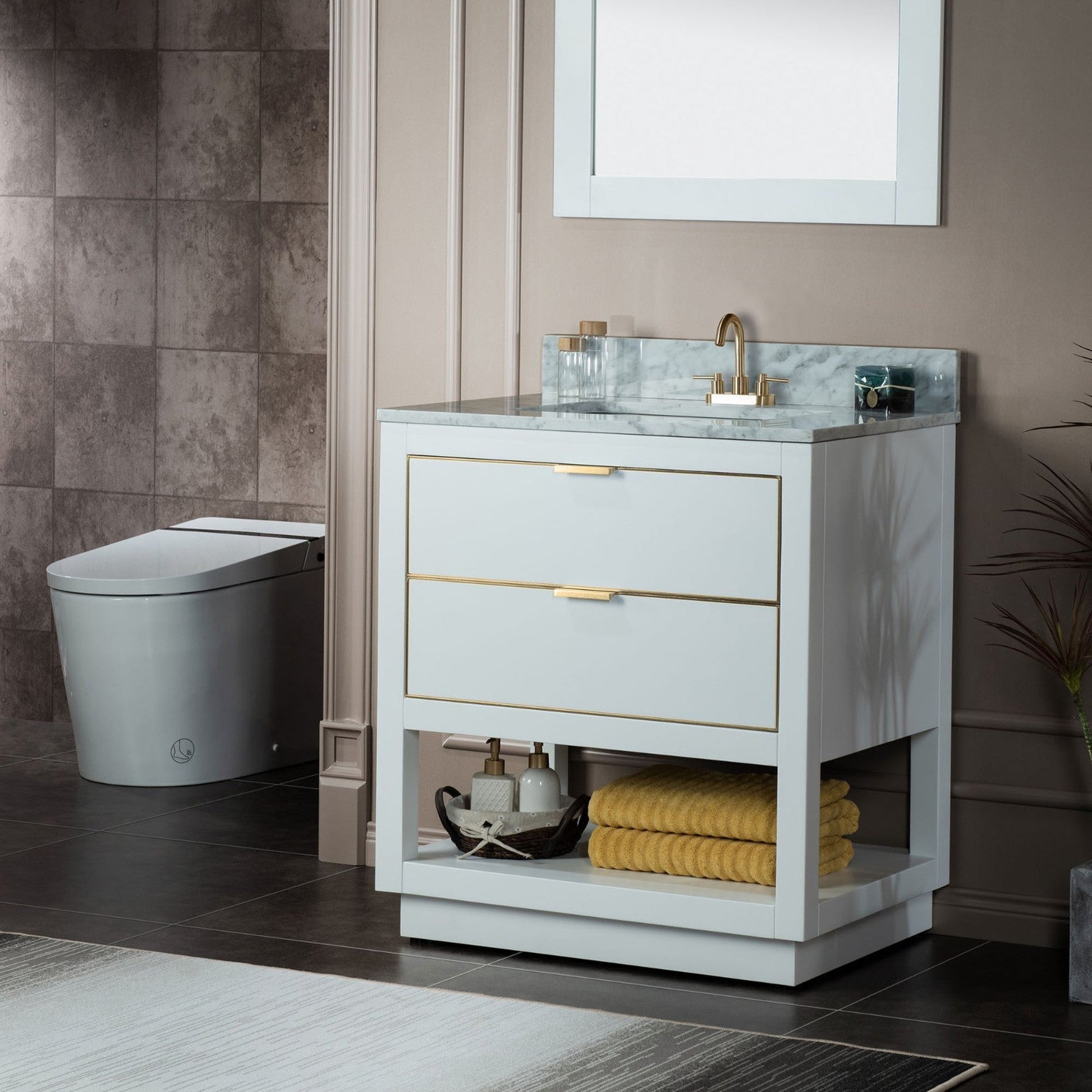 Woodbridge Venice 31" White and Brushed Nickel Trim Solid Wood Vanity Base and Carrara Marble Top With 3 Pre-Drilled Holes for 4" Centerset Faucet