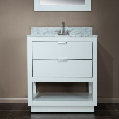 Woodbridge Venice 31" White and Brushed Nickel Trim Solid Wood Vanity Base and Carrara Marble Top With 3 Pre-Drilled Holes for 4" Centerset Faucet