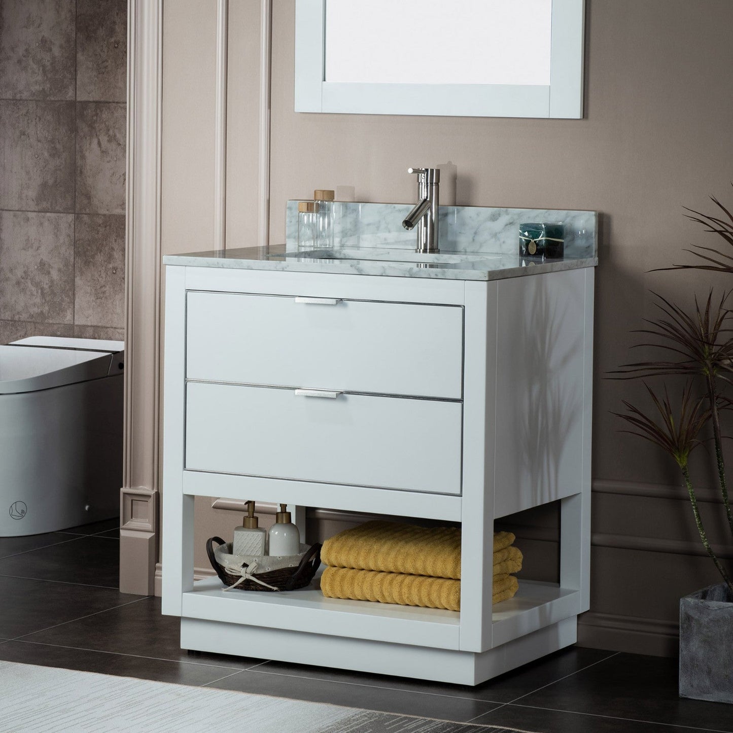 Woodbridge Venice 31" White and Brushed Nickel Trim Solid Wood Vanity Base and Carrara Marble Top With Pre-Drilled Single Hole Faucet