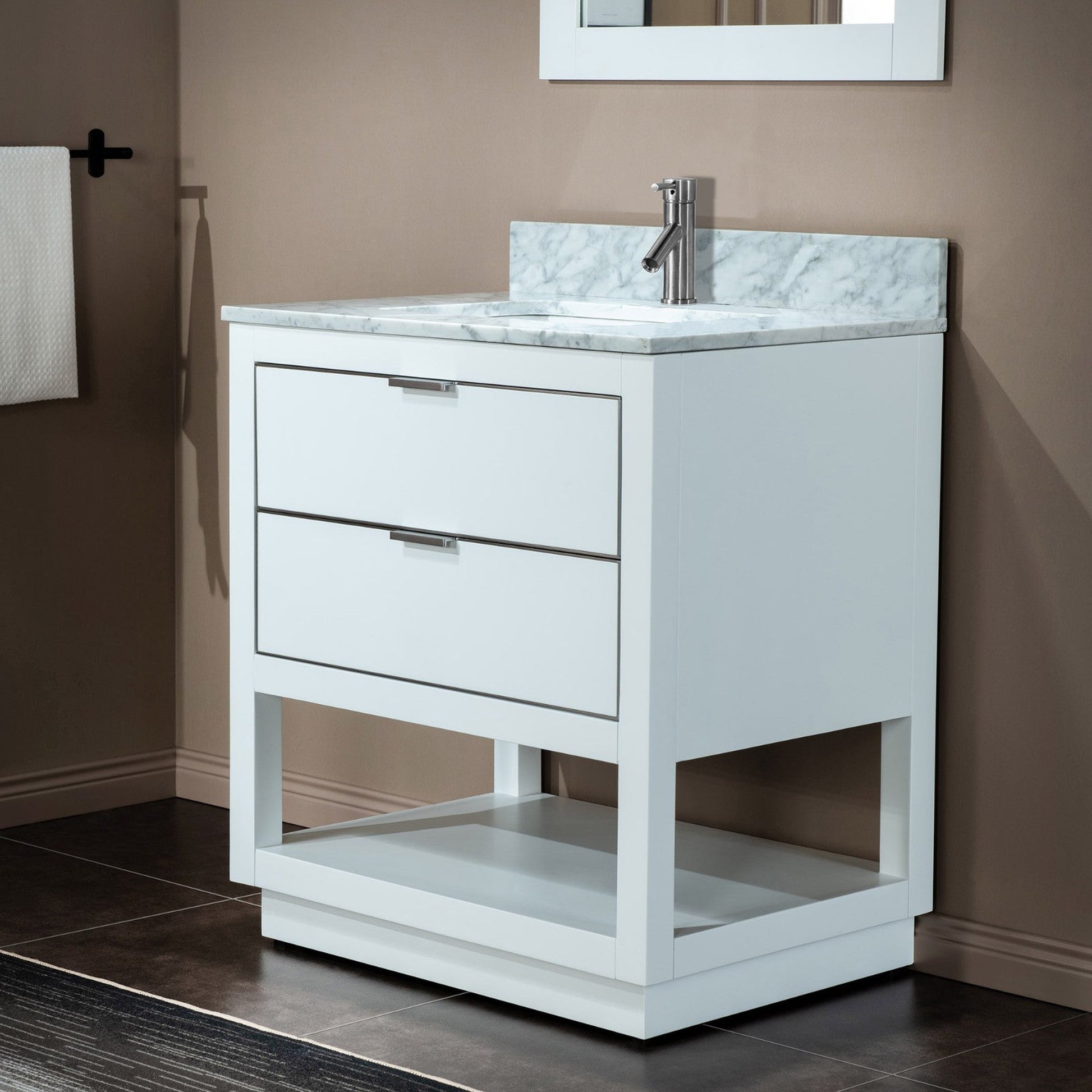 Woodbridge Venice 31" White and Brushed Nickel Trim Solid Wood Vanity Base and Carrara Marble Top With Pre-Drilled Single Hole Faucet