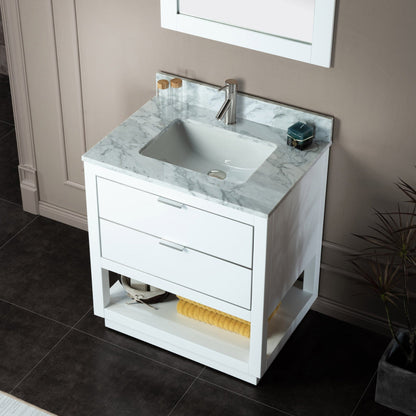 Woodbridge Venice 31" White and Brushed Nickel Trim Solid Wood Vanity Base and Carrara Marble Top With Pre-Drilled Single Hole Faucet