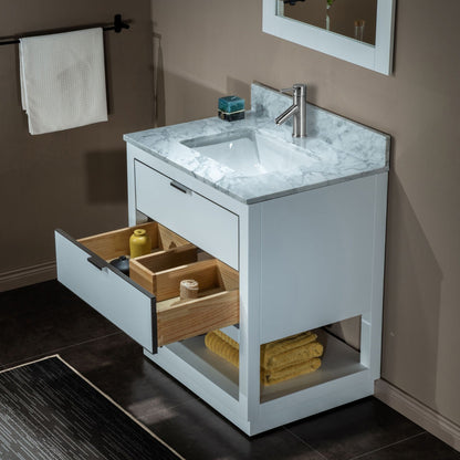 Woodbridge Venice 31" White and Brushed Nickel Trim Solid Wood Vanity Base and Carrara Marble Top With Pre-Drilled Single Hole Faucet