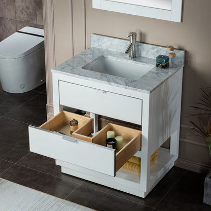 Woodbridge Venice 31" White and Brushed Nickel Trim Solid Wood Vanity Base and Carrara Marble Top With Pre-Drilled Single Hole Faucet
