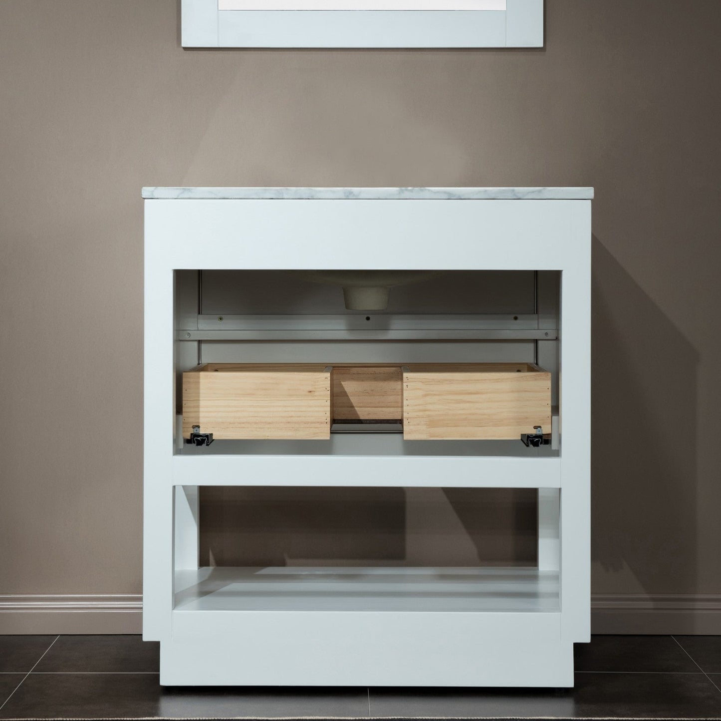 Woodbridge Venice 31" White and Brushed Nickel Trim Solid Wood Vanity Base and Carrara Marble Top With Pre-Drilled Single Hole Faucet