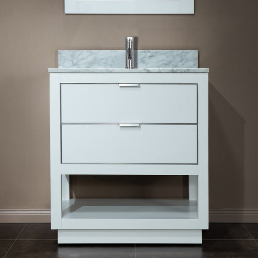 Woodbridge Venice 31" White and Brushed Nickel Trim Solid Wood Vanity Base and Carrara Marble Top With Pre-Drilled Single Hole Faucet