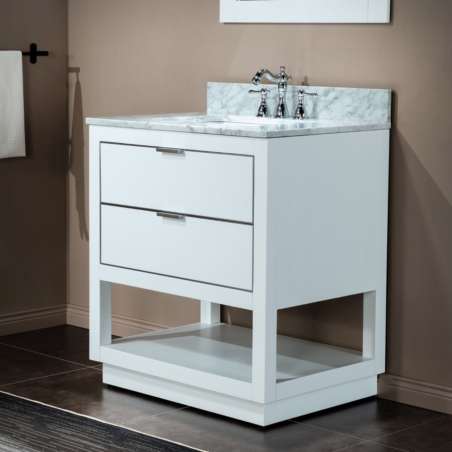 Woodbridge Venice 31" White and Brushed Nickel Trim Solid Wood Vanity Base and Carrara Marble Vanity Top With 3 Pre-drilled Holes for 8" Widespread Faucet