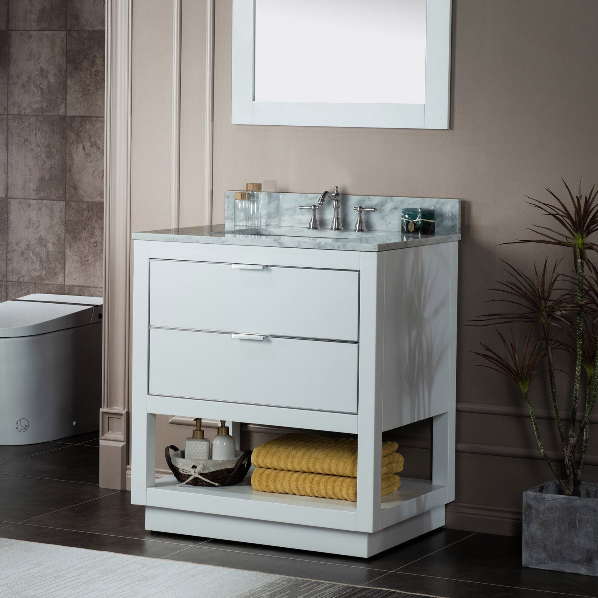 Woodbridge Venice 31" White and Brushed Nickel Trim Solid Wood Vanity Base and Carrara Marble Vanity Top With 3 Pre-drilled Holes for 8" Widespread Faucet