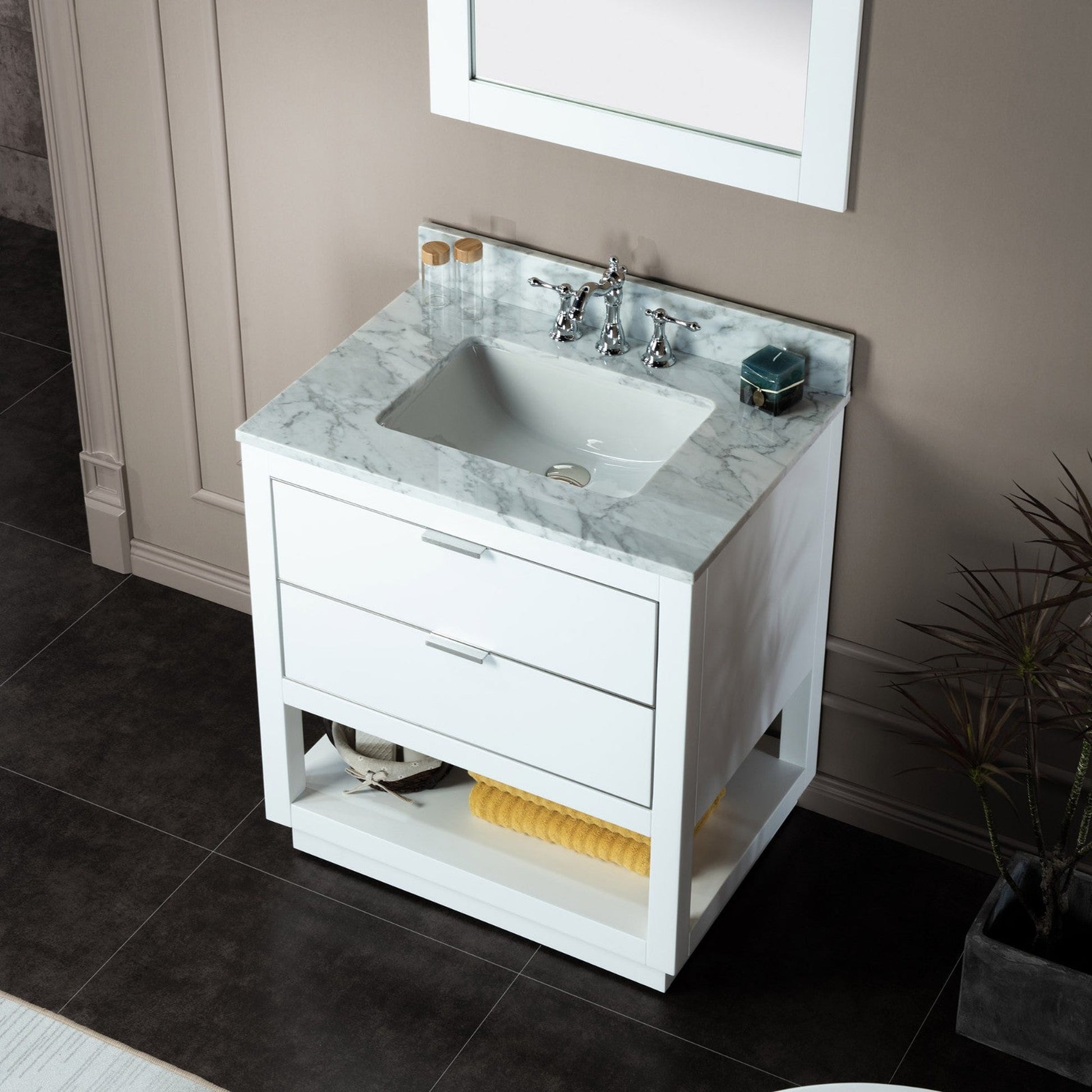 Woodbridge Venice 31" White and Brushed Nickel Trim Solid Wood Vanity Base and Carrara Marble Vanity Top With 3 Pre-drilled Holes for 8" Widespread Faucet