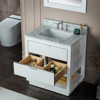 Woodbridge Venice 31" White and Brushed Nickel Trim Solid Wood Vanity Base and Carrara Marble Vanity Top With 3 Pre-drilled Holes for 8" Widespread Faucet
