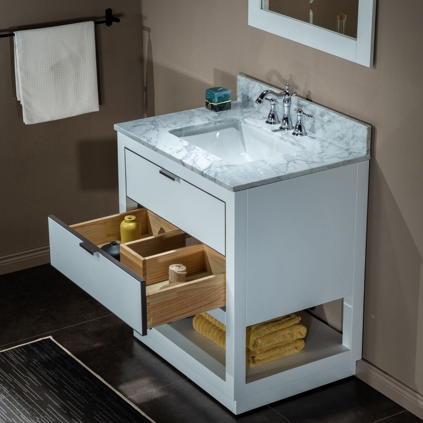 Woodbridge Venice 31" White and Brushed Nickel Trim Solid Wood Vanity Base and Carrara Marble Vanity Top With 3 Pre-drilled Holes for 8" Widespread Faucet