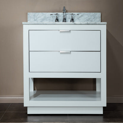 Woodbridge Venice 31" White and Brushed Nickel Trim Solid Wood Vanity Base and Carrara Marble Vanity Top With 3 Pre-drilled Holes for 8" Widespread Faucet