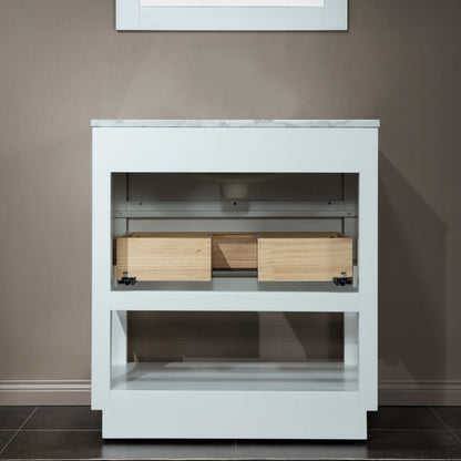 Woodbridge Venice 31" White and Gold Trim Solid Wood Vanity Base and Carrara Marble Top With 3 Pre-Drilled Holes for 4" Centerset Faucet
