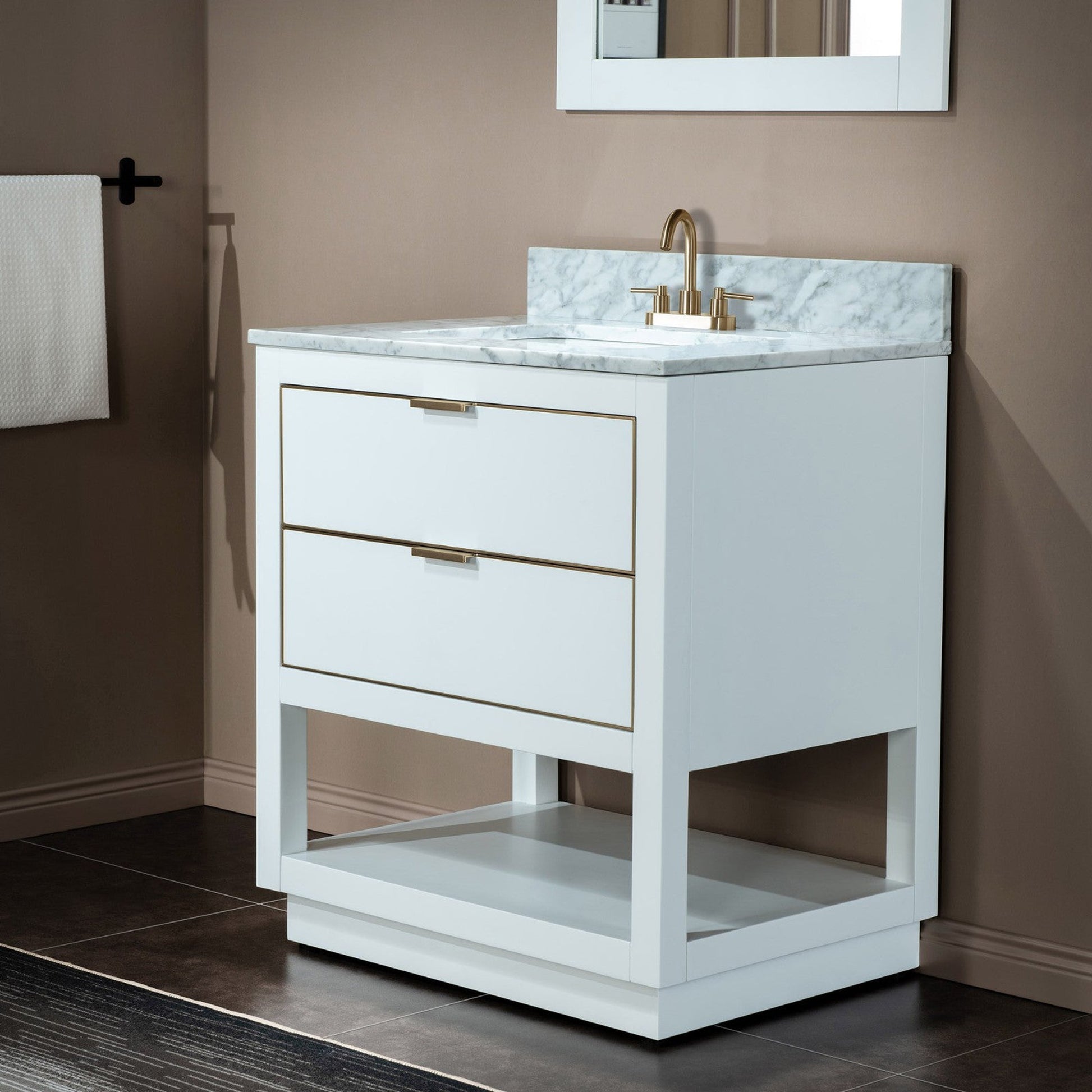 Woodbridge Venice 31" White and Gold Trim Solid Wood Vanity Base and Carrara Marble Top With 3 Pre-Drilled Holes for 4" Centerset Faucet