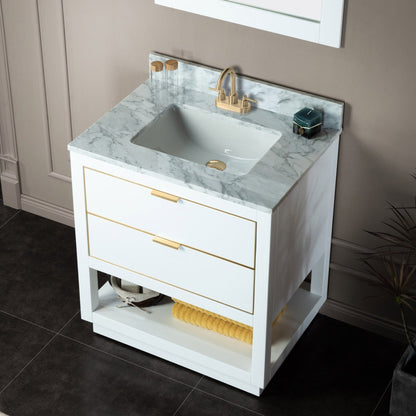 Woodbridge Venice 31" White and Gold Trim Solid Wood Vanity Base and Carrara Marble Top With 3 Pre-Drilled Holes for 4" Centerset Faucet