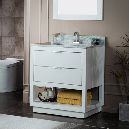 Woodbridge Venice 31" White and Gold Trim Solid Wood Vanity Base and Carrara Marble Top With 3 Pre-Drilled Holes for 4" Centerset Faucet