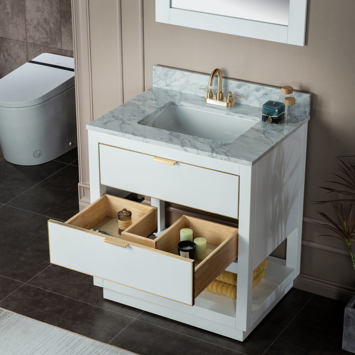 Woodbridge Venice 31" White and Gold Trim Solid Wood Vanity Base and Carrara Marble Top With 3 Pre-Drilled Holes for 4" Centerset Faucet