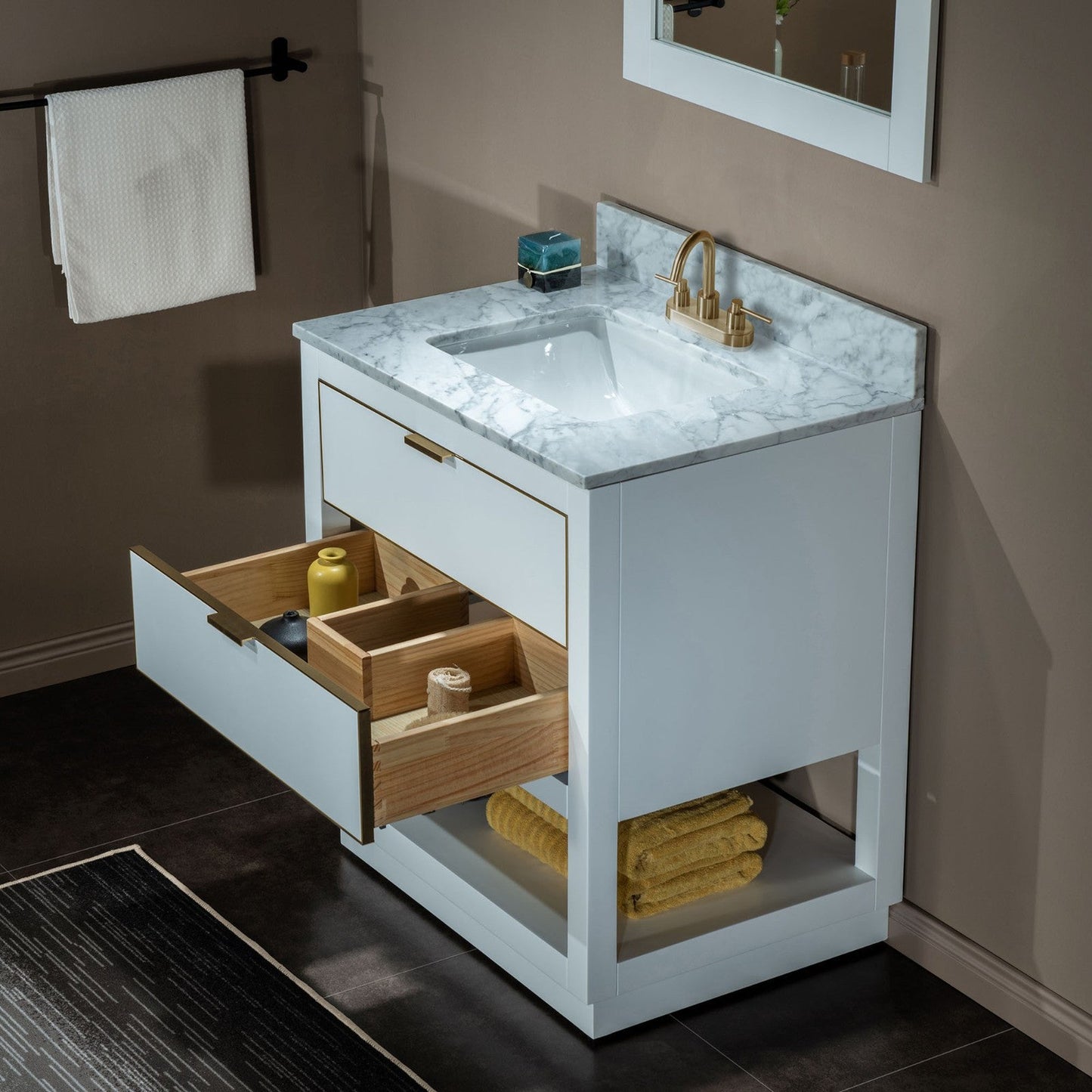 Woodbridge Venice 31" White and Gold Trim Solid Wood Vanity Base and Carrara Marble Top With 3 Pre-Drilled Holes for 4" Centerset Faucet