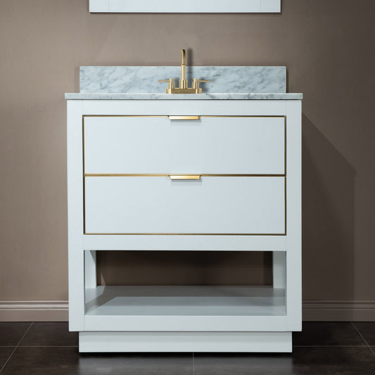 Woodbridge Venice 31" White and Gold Trim Solid Wood Vanity Base and Carrara Marble Top With 3 Pre-Drilled Holes for 4" Centerset Faucet
