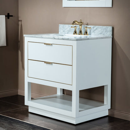 Woodbridge Venice 31" White and Gold Trim Solid Wood Vanity Base and Carrara Marble Top With 3 Pre-drilled Holes for 8" Widespread Faucet