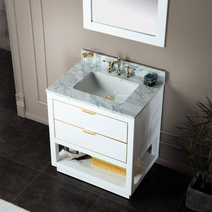 Woodbridge Venice 31" White and Gold Trim Solid Wood Vanity Base and Carrara Marble Top With 3 Pre-drilled Holes for 8" Widespread Faucet