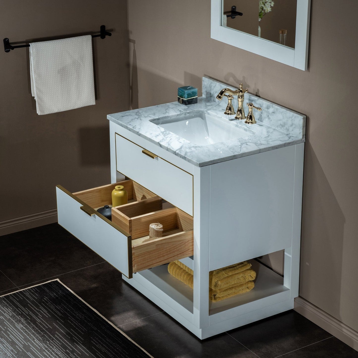 Woodbridge Venice 31" White and Gold Trim Solid Wood Vanity Base and Carrara Marble Top With 3 Pre-drilled Holes for 8" Widespread Faucet