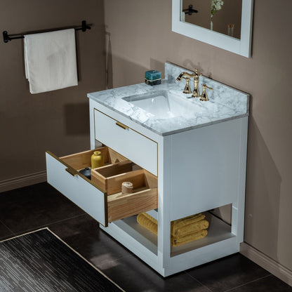 Woodbridge Venice 31" White and Gold Trim Solid Wood Vanity Base and Carrara Marble Top With 3 Pre-drilled Holes for 8" Widespread Faucet