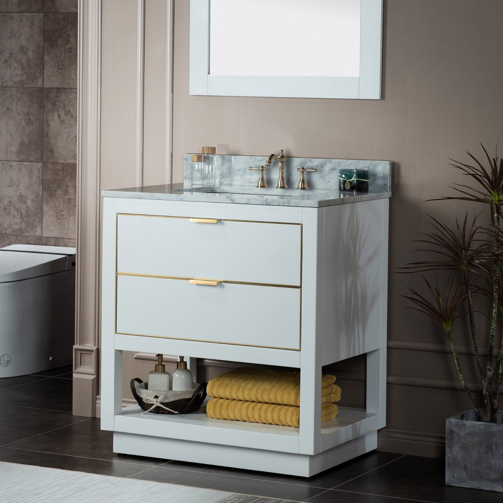 Woodbridge Venice 31" White and Gold Trim Solid Wood Vanity Base and Carrara Marble Top With 3 Pre-drilled Holes for 8" Widespread Faucet