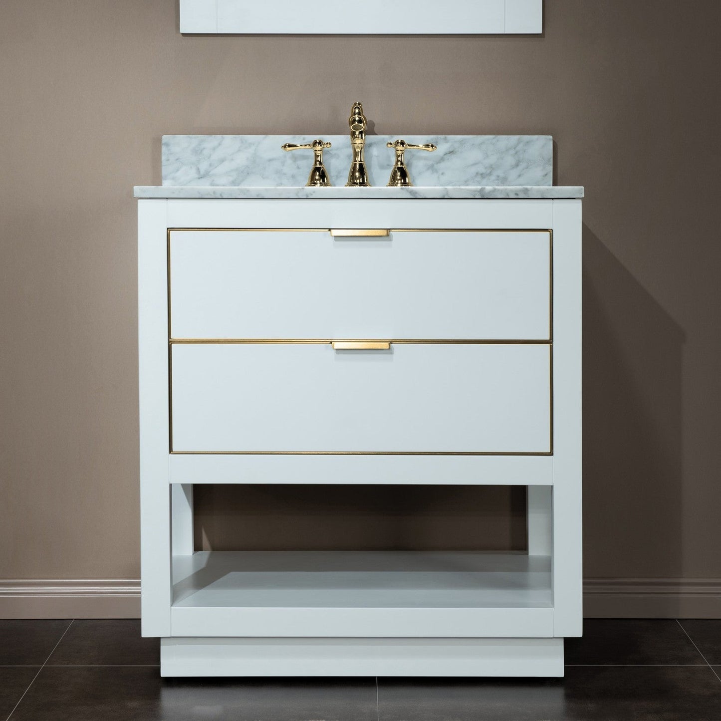 Woodbridge Venice 31" White and Gold Trim Solid Wood Vanity Base and Carrara Marble Top With 3 Pre-drilled Holes for 8" Widespread Faucet