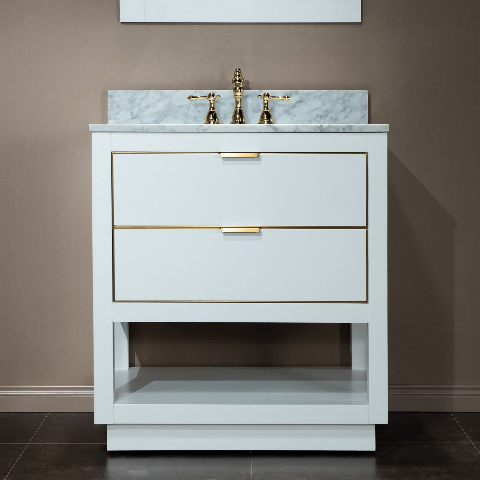 Woodbridge Venice 31" White and Gold Trim Solid Wood Vanity Base and Carrara Marble Top With 3 Pre-drilled Holes for 8" Widespread Faucet