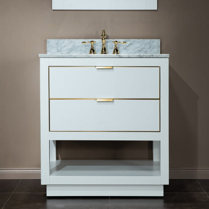 Woodbridge Venice 31" White and Gold Trim Solid Wood Vanity Base and Carrara Marble Top With 3 Pre-drilled Holes for 8" Widespread Faucet
