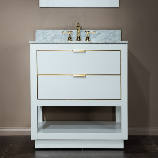 Woodbridge Venice 31" White and Gold Trim Solid Wood Vanity Base and Carrara Marble Top With 3 Pre-drilled Holes for 8" Widespread Faucet