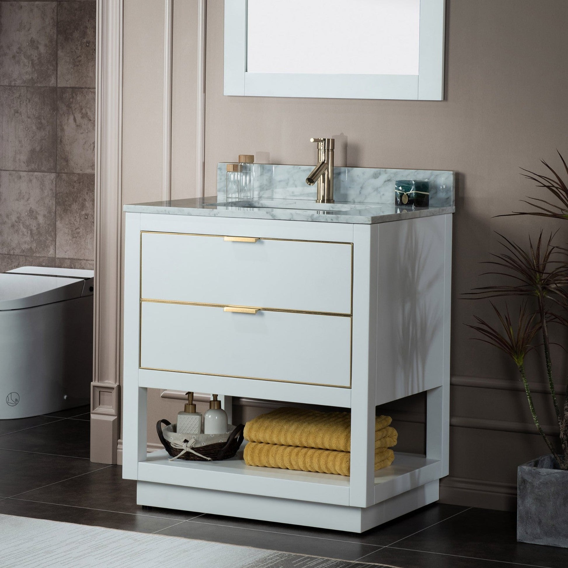 Woodbridge Venice 31" White and Gold Trim Solid Wood Vanity Base and Carrara Marble Top With Pre-Drilled Single Hole Faucet