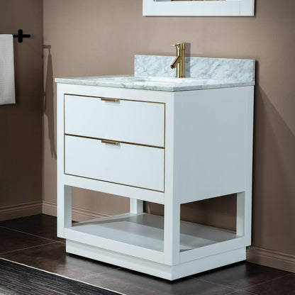 Woodbridge Venice 31" White and Gold Trim Solid Wood Vanity Base and Carrara Marble Top With Pre-Drilled Single Hole Faucet